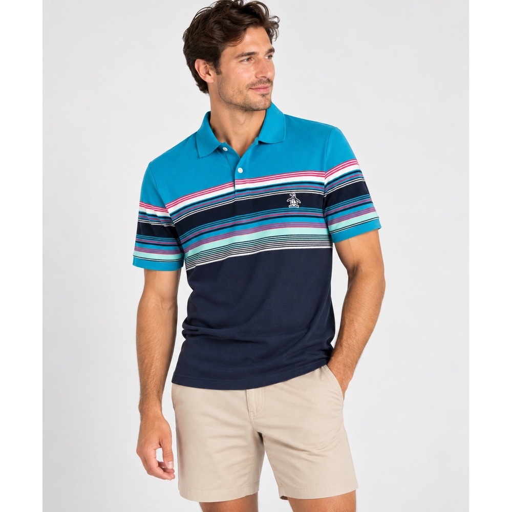 Original Penguin Mens Striped Colorblock Polo Shirt Teal Navy Blue Small Cotton